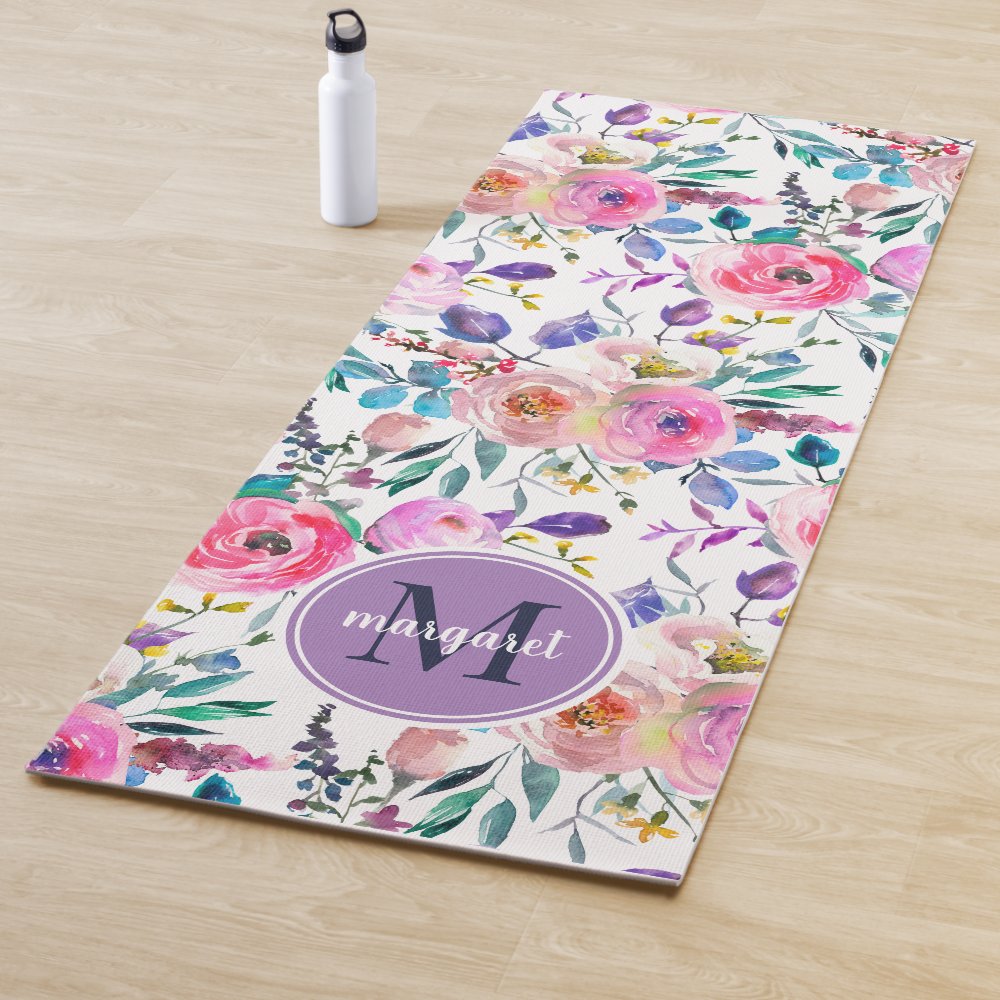 sunrise boho floral purple and white monogram yoga mat r4699df7c211b45c8bc1baedbb27b675f e9qy0 1000 - Pilates Gifts