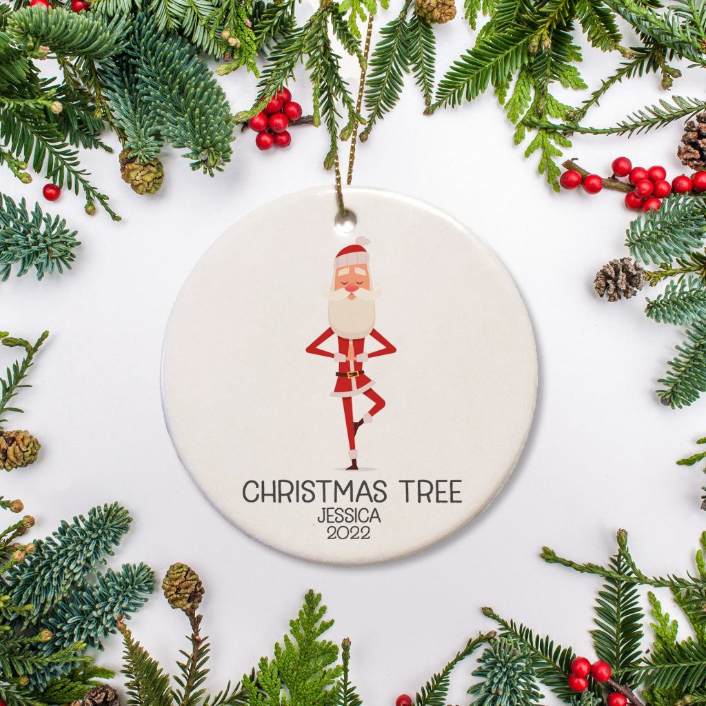 Pilates Santa in a “Christmas” Tree Pose Ornament